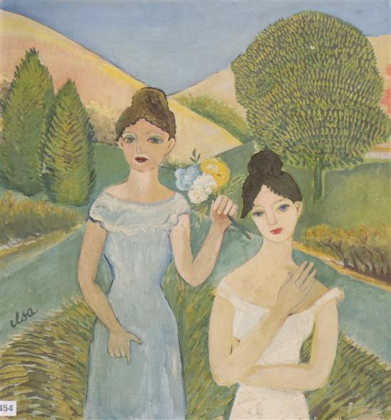Ilsa Rodmell, oil on card, Women with flowers. signed, 66 x 61cm unframed
